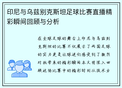 印尼与乌兹别克斯坦足球比赛直播精彩瞬间回顾与分析